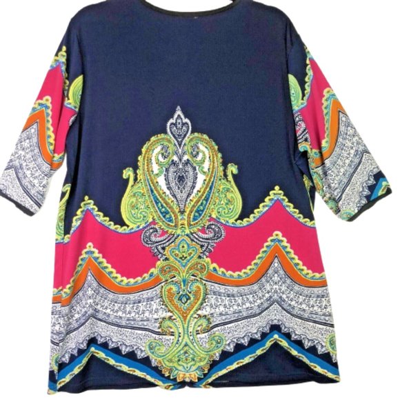 Priya Bling Colorful Tunic Size 2XL Stretchy Multi Color Lightweight 3/4 Sleeves - Picture 2 of 5